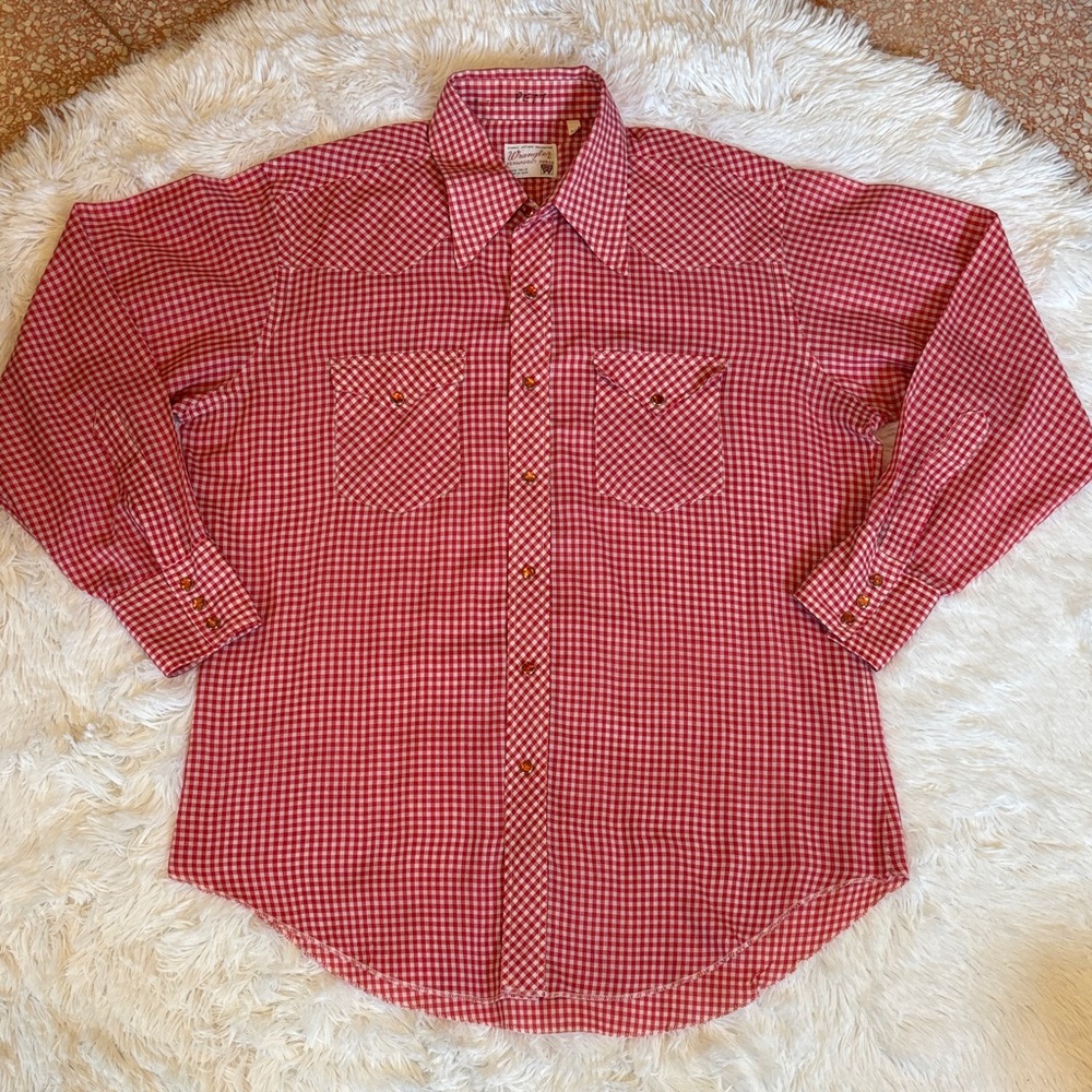 Men Vtg 1970s Wrangler Cowboy
Pearl Snap Shirt Rodeo Western Red
Check Sz 17/34